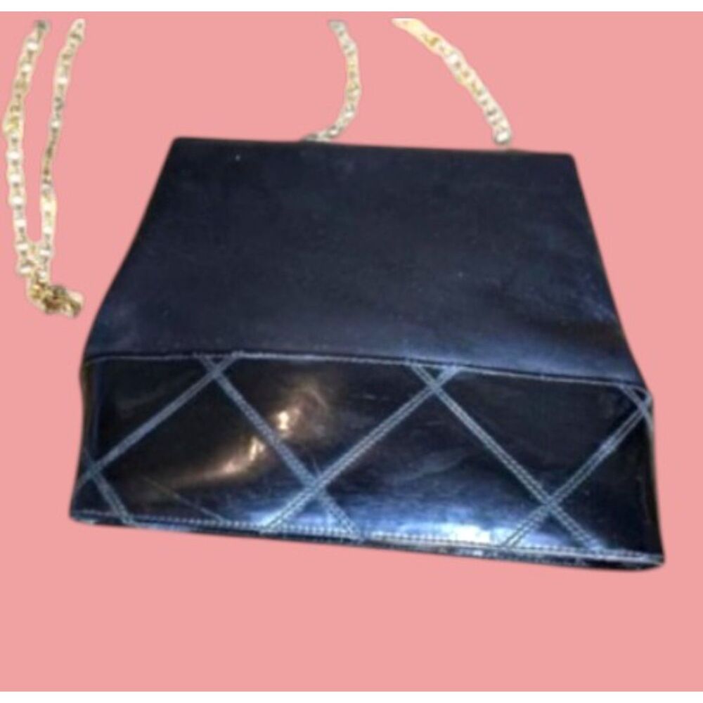 Vtg 60's Ferragamo BA214156 Black Leather Bag with Gold Metal Strap